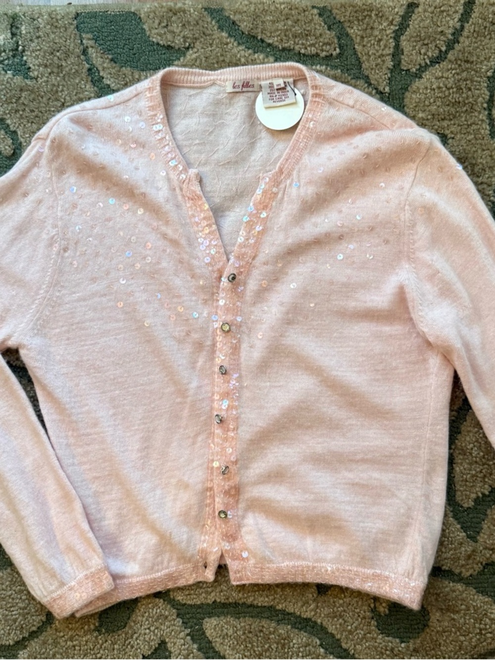 Vintage Les Filles Pale Pink Sequin V-Neck Cardigan Sweater